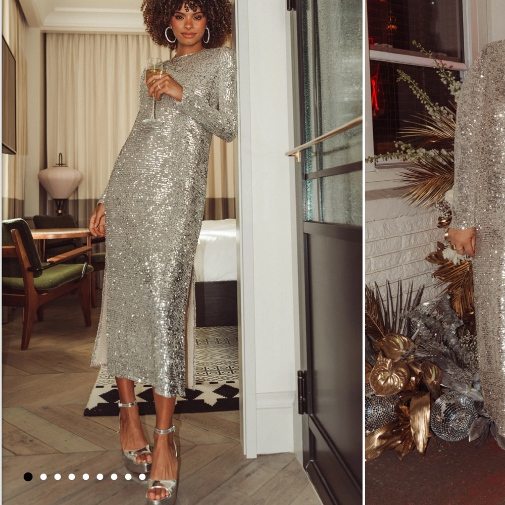 Silver Sequin Long Sleeve Dress